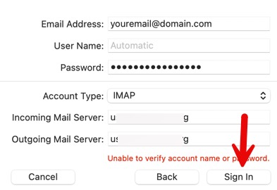 fill in email server details