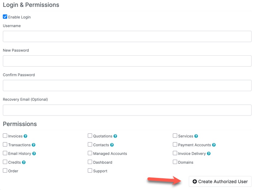 Grant authorized user log in and permission options
