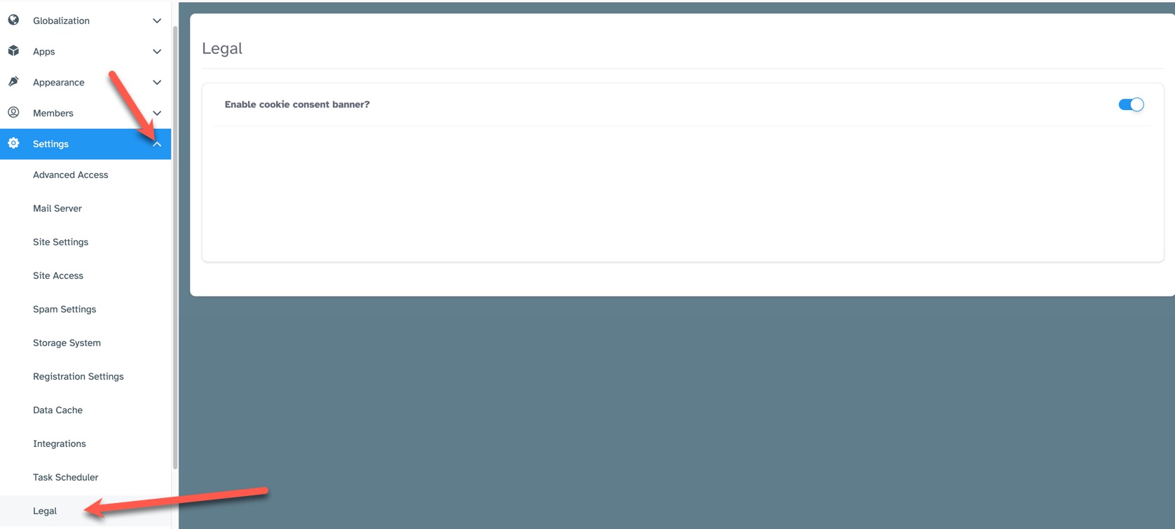 Legal menu with Cookie Consent setting