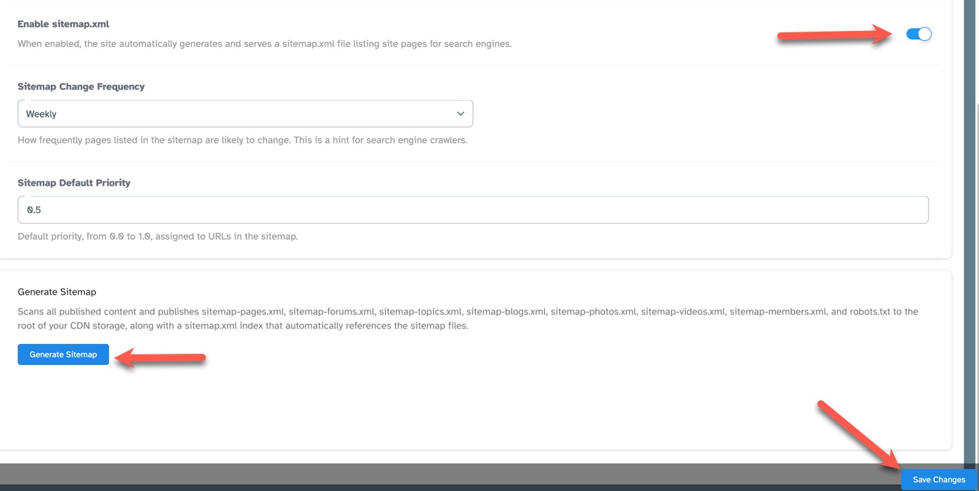 Sitemap settings and generate sitemap